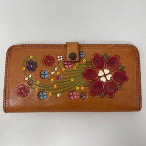 Vintage 70's Rosas Tooled Leather Wallet Mexico Made Brown‎ Floral